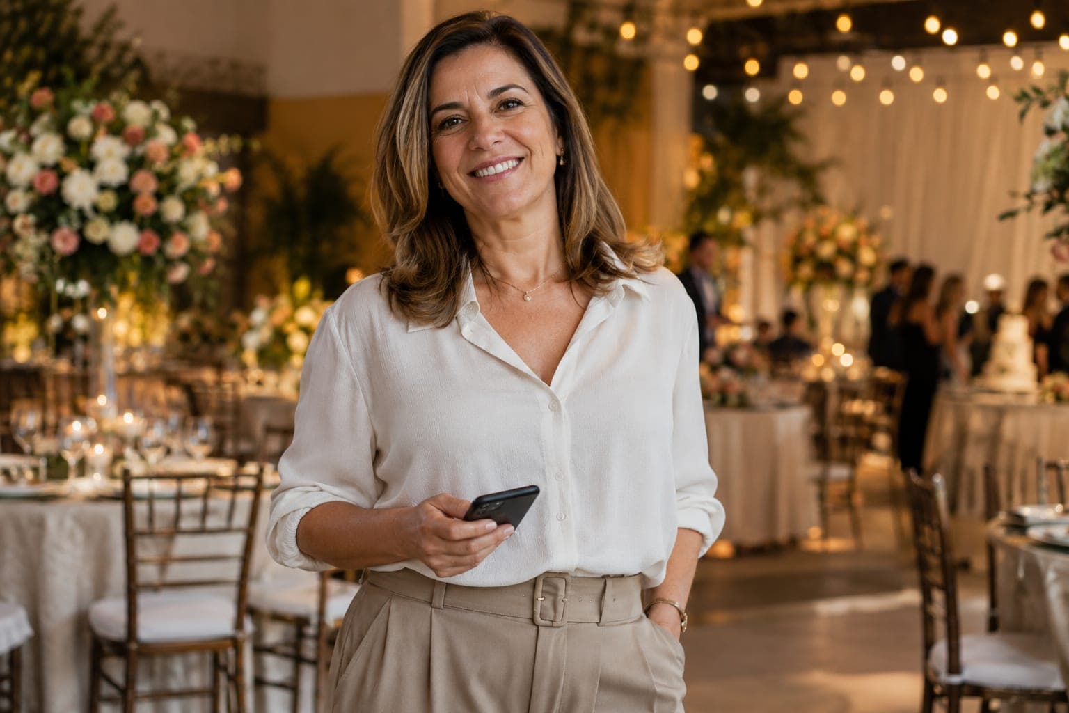 Dona de espaço de festas sorrindo no salão decorado