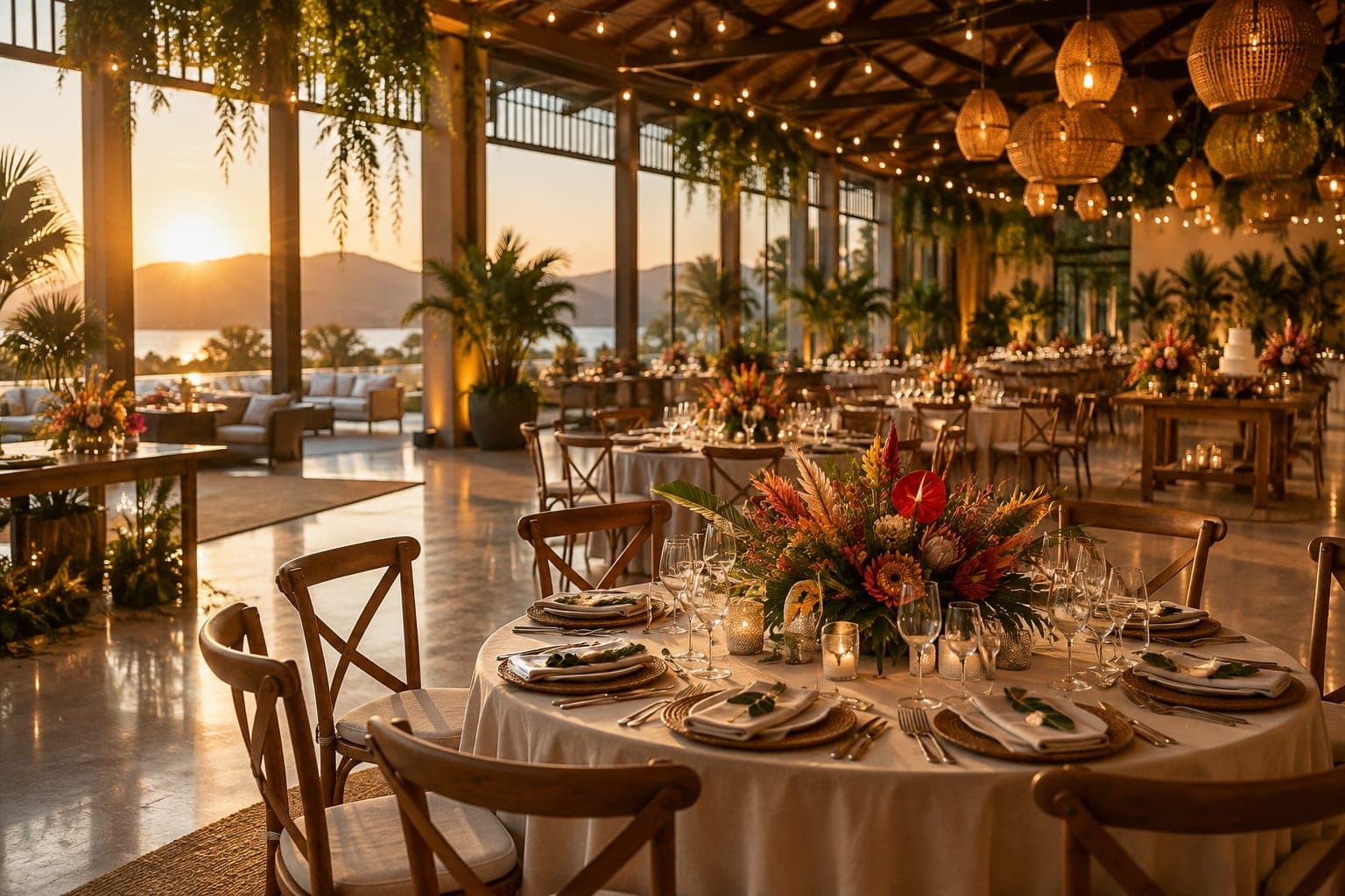 Salão de festas decorado para casamento, com mesas postas e luzes de varal