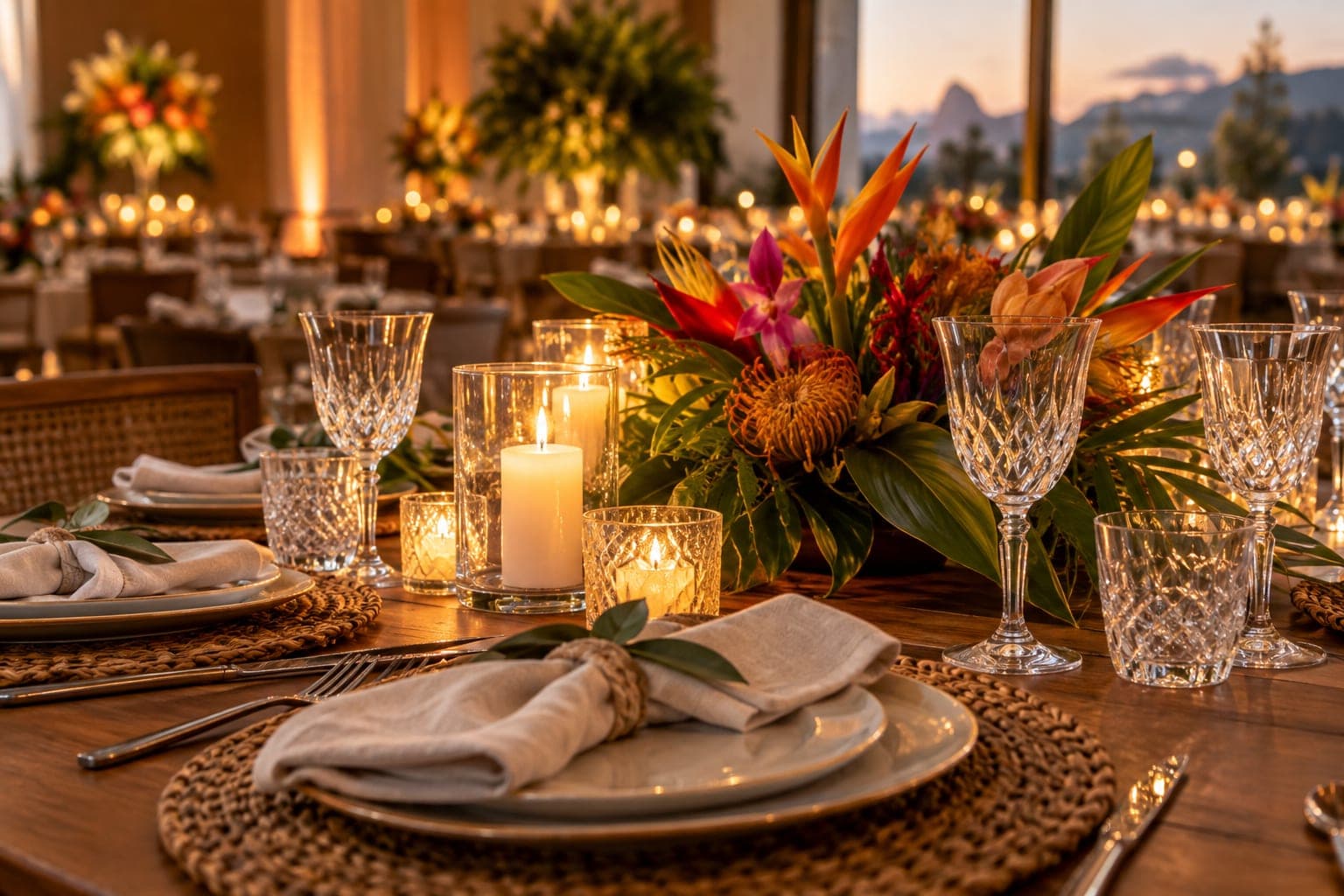 Mesa posta para festa com flores, velas e taças